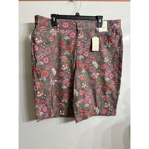 St. John's Bay Floral Bermuda Shorts - Olive Green with Pink and Orange Flowers